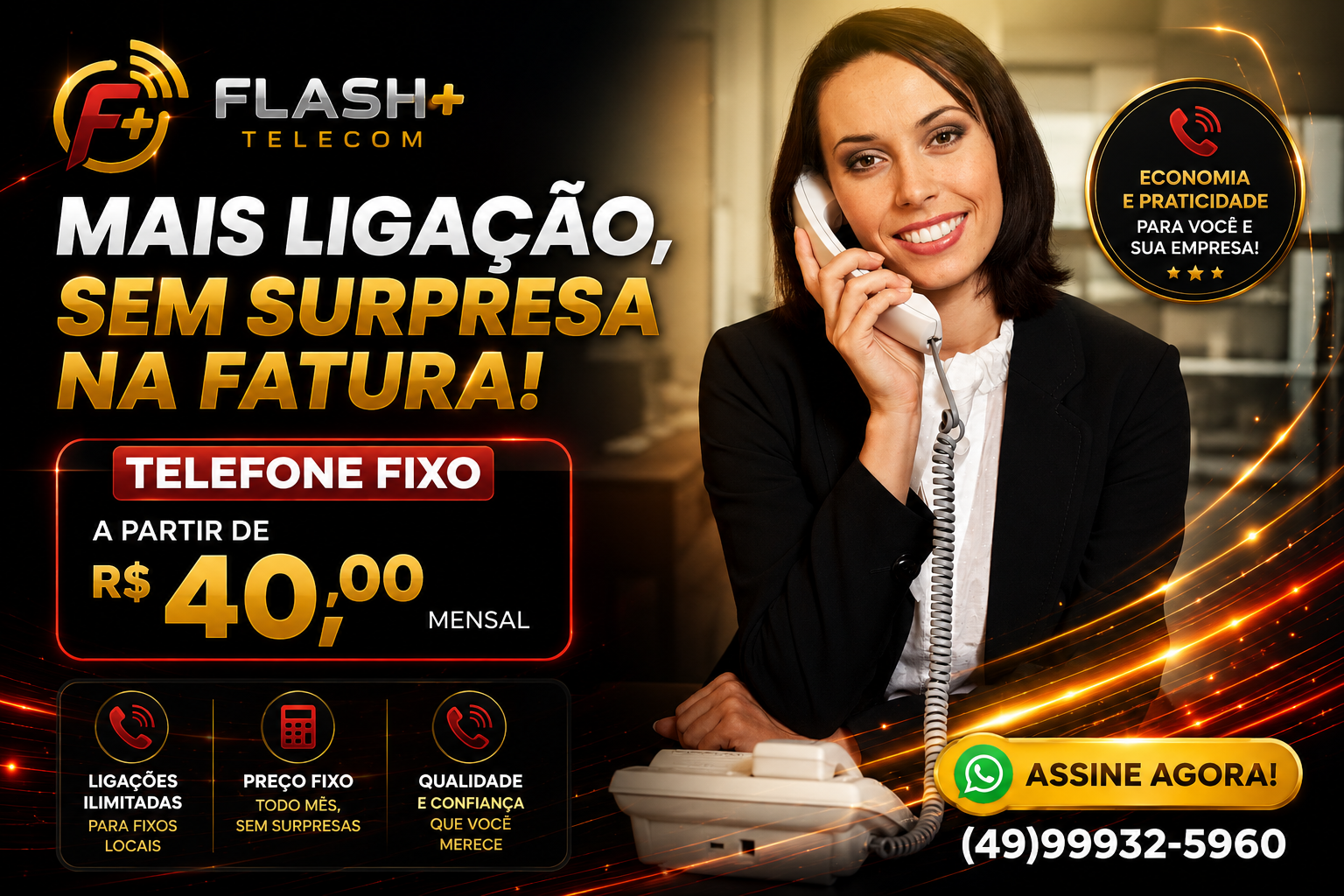 Telefone Fixo Flash+ Telecom — Mais ligação, sem surpresa na fatura. A partir de R$ 40,00 mensal.